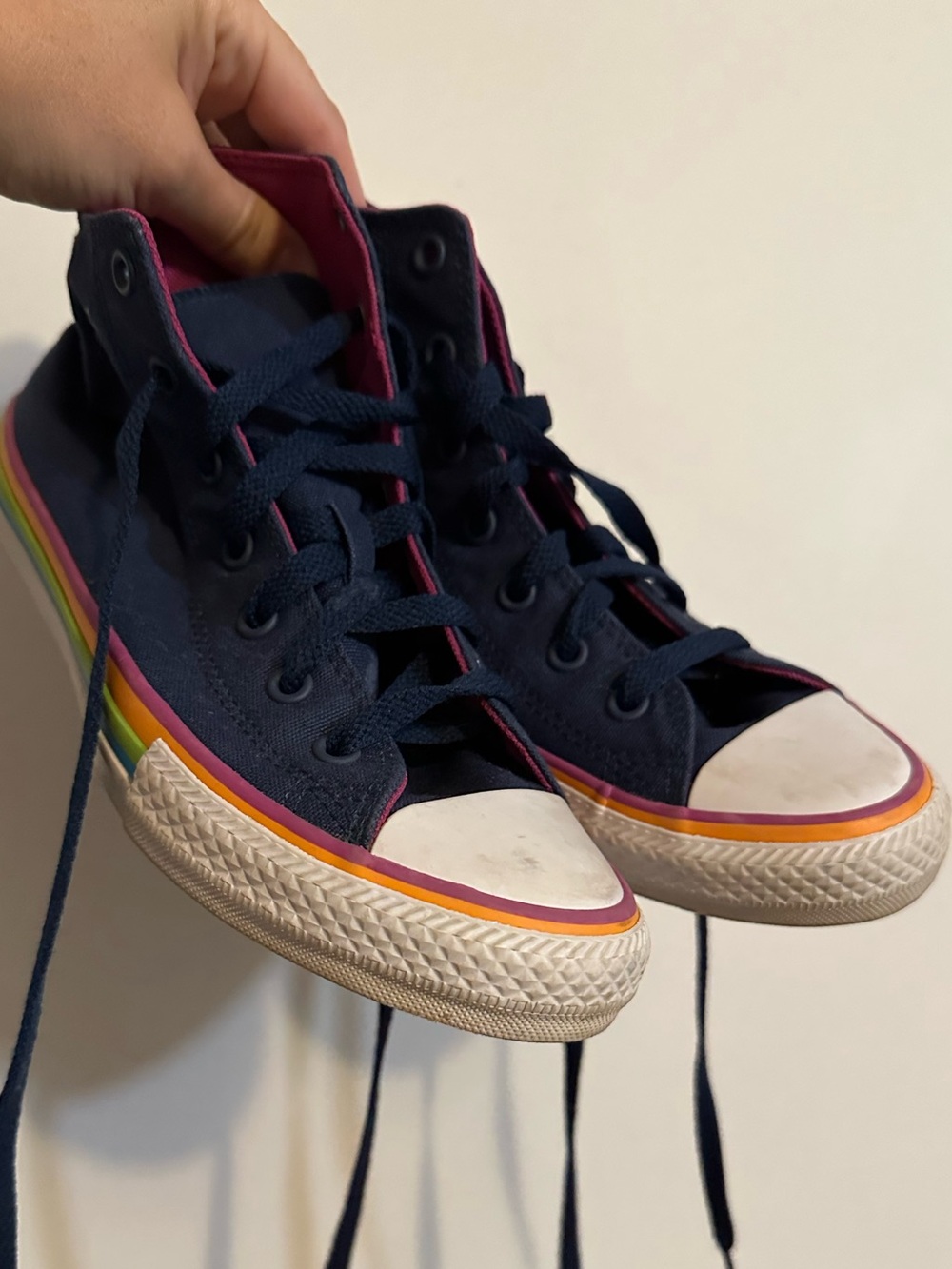 Converse Navy High-Top Sneakers with Rainbow Stripe, kids size 4